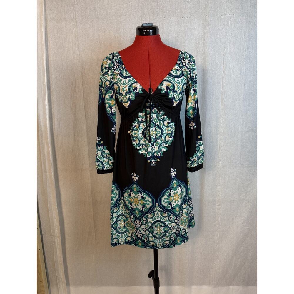 INC Women's Black V-Neck Long Sleeve Casual Knee Length Dress Size XS D677